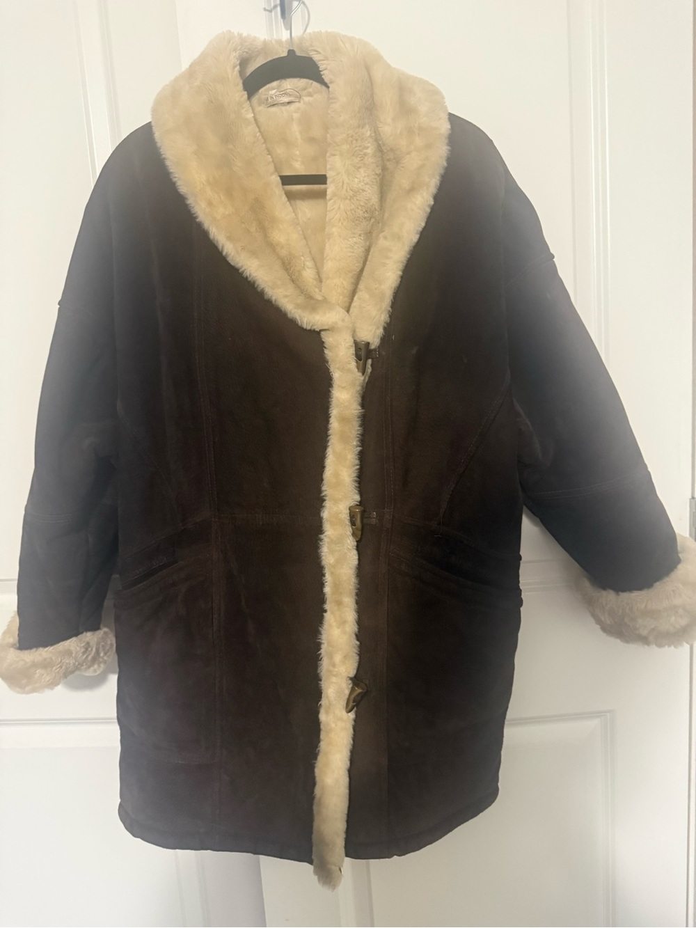 Marvin Richards Dark Brown Shearling Trench Coat with Cream Trim